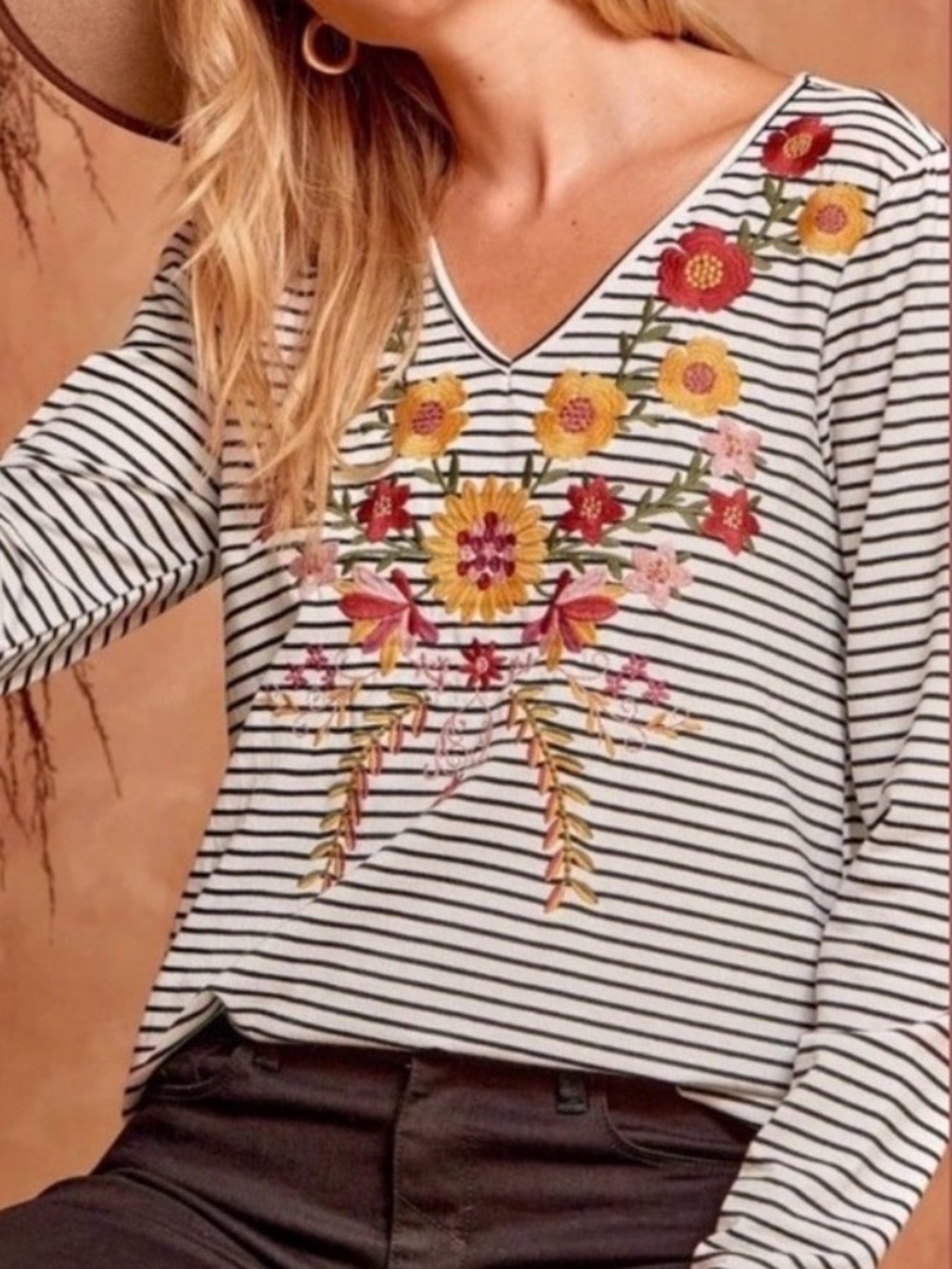 NWT Savanna Jane Marigold Embroidered Striped Top Size Small Boho Western Chic
